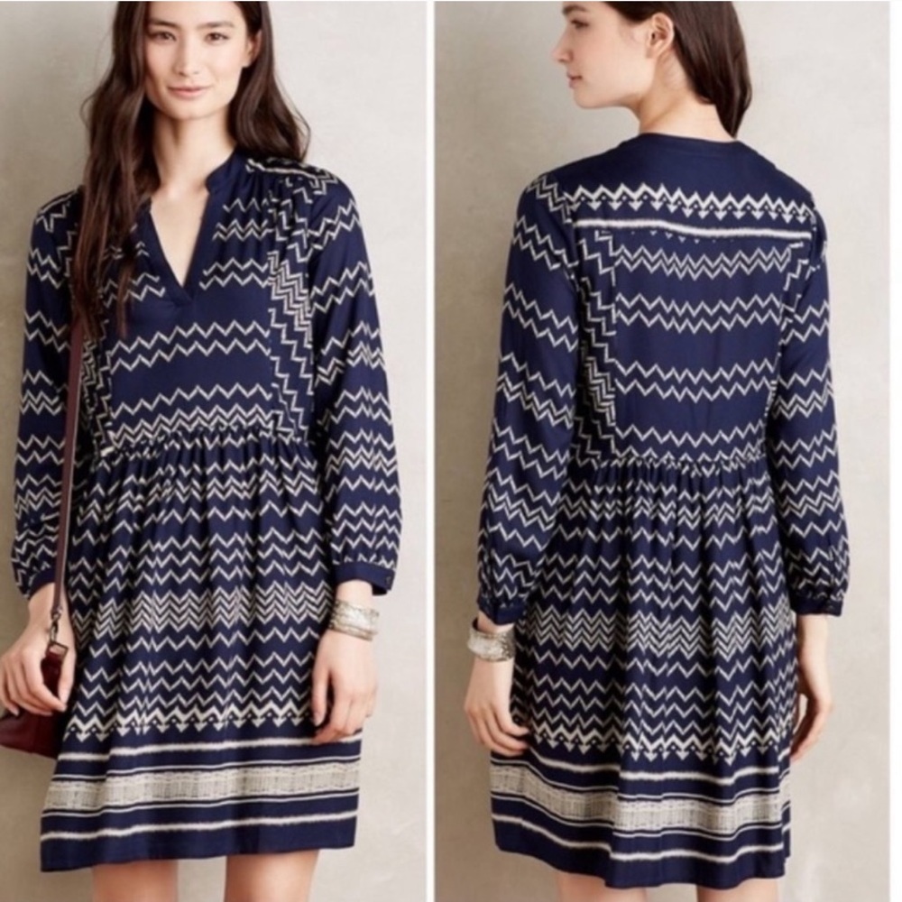 Anthropologie XS Navy Fall Long Sleeve Dress